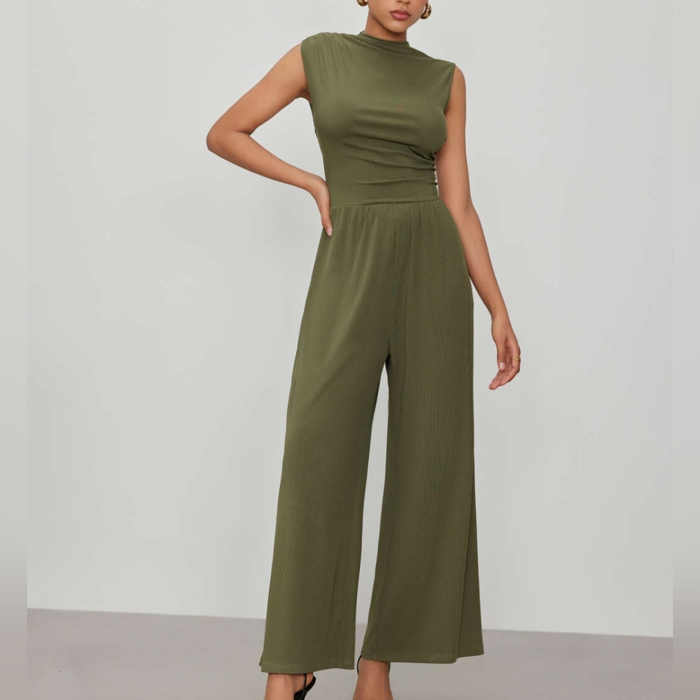Cider Olive Green Jumpsuit with Wide-Leg Design